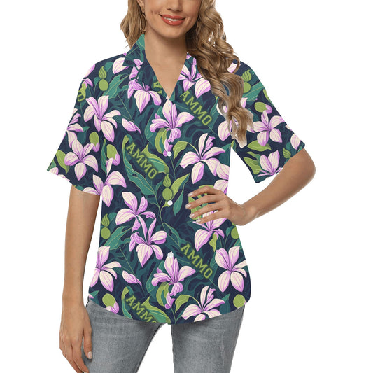 AMMO Pink Frangipani Flowers and Green Leaves AMMO Word and Pisspots Womens Hawaiian Shirt