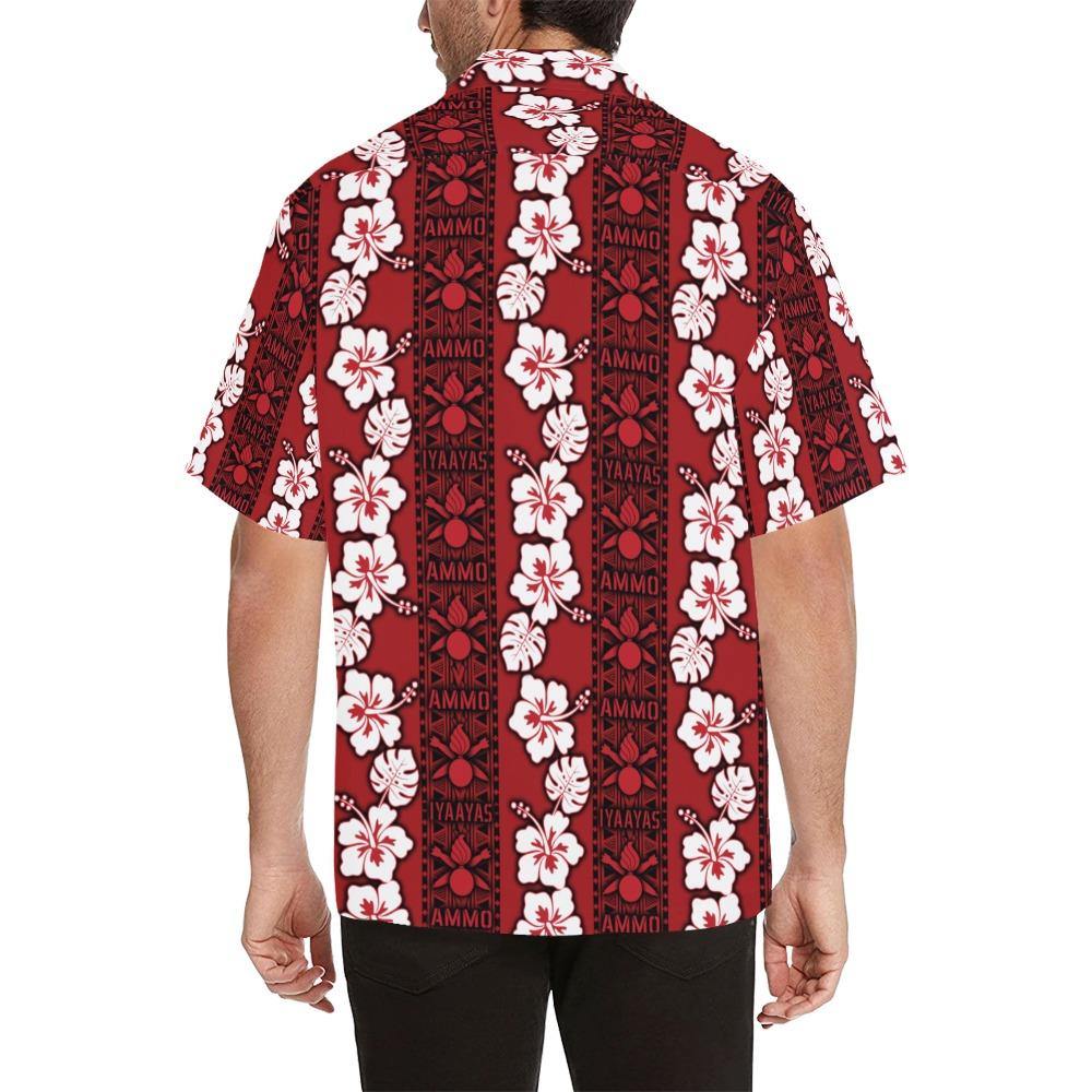 AMMO Hawaiian Shirt Red With White Flowers and Vertical AMMO Tribal Pattern - AMMO Pisspot IYAAYAS Gear