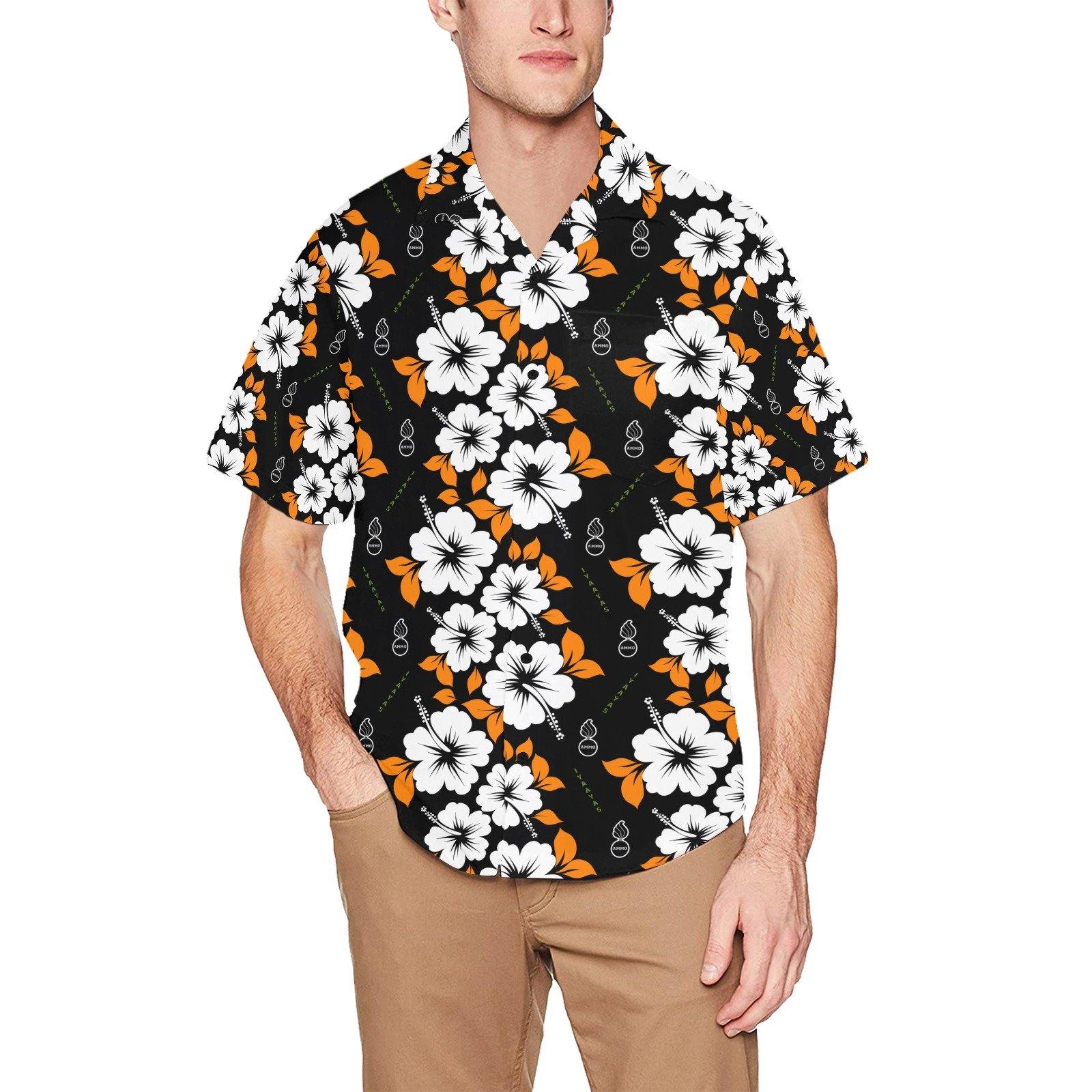USAF AMMO White Orange Flowers Pisspots IYAAYAS AMMO Hawaiian Shirt With Front Left Chest Pocket - AMMO Pisspot IYAAYAS Gear