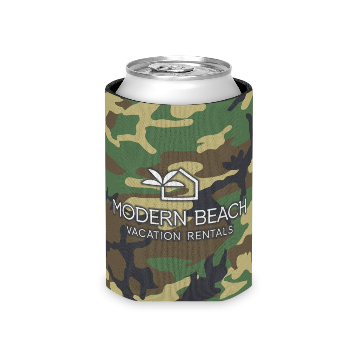 Modern Beach Vacation Rentals Basic Logo White Letters Camouflage BDU Can Coozie Cooler