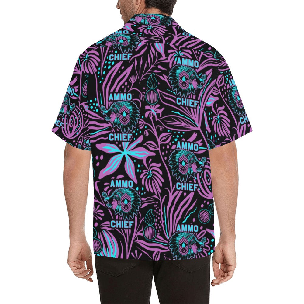 AMMO Chief Purple Teal Neon Flowers Pisspots AMMO Chief Logo Mens Hawaiian Shirt