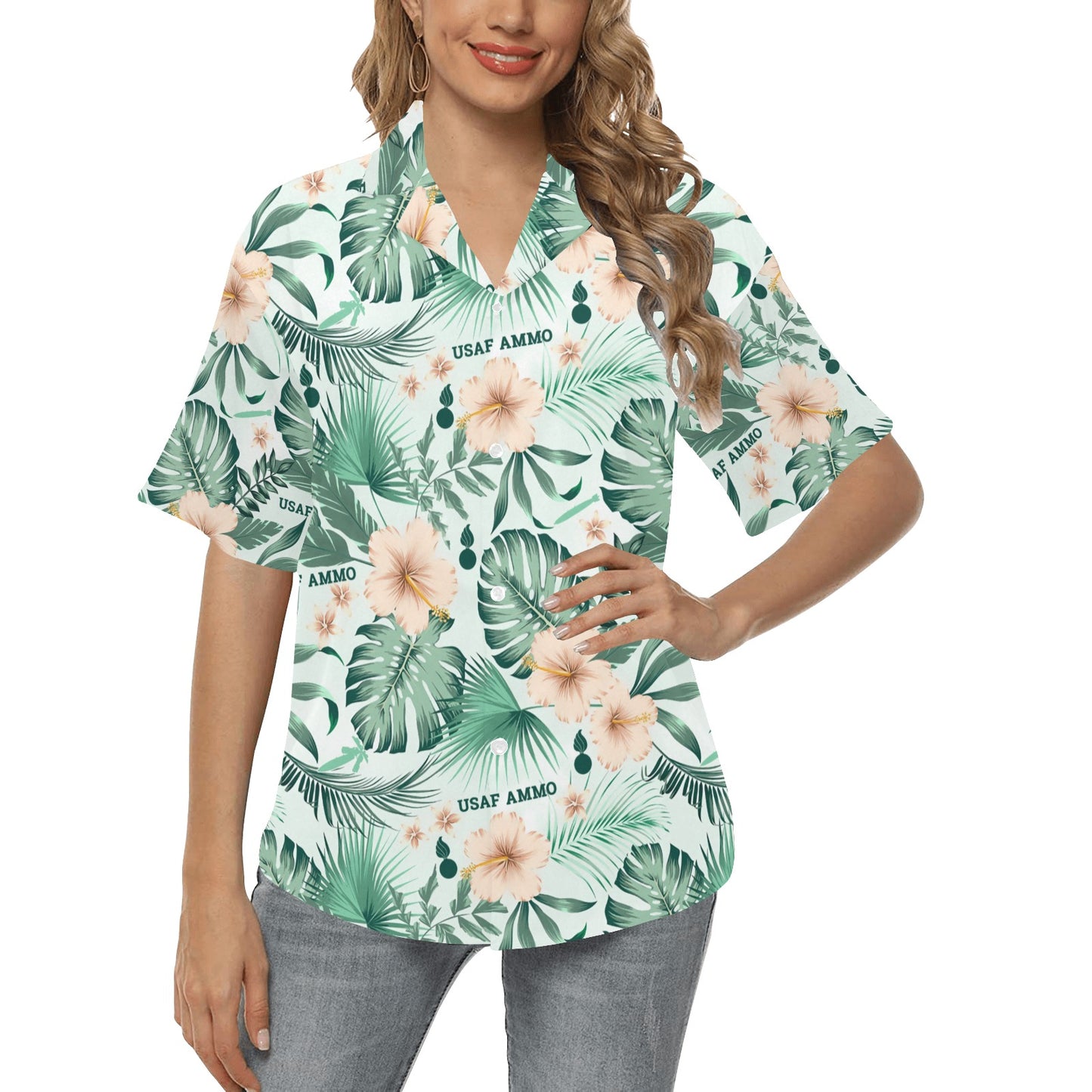 Green Leaves Light Orange Flowers USAF AMMO Pisspots Bombs AMMO Womens Shirt