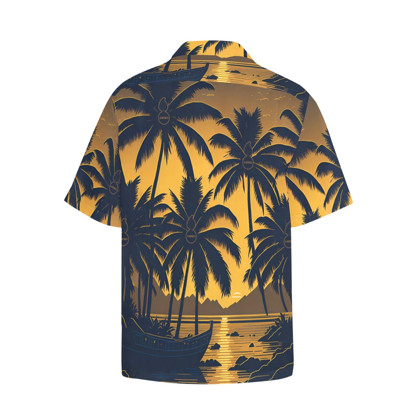 USAF AMMO Tropical Sunset With Palm Trees A Boat and Pisspots Mens Left Chest Pocket Hawaiian Shirt