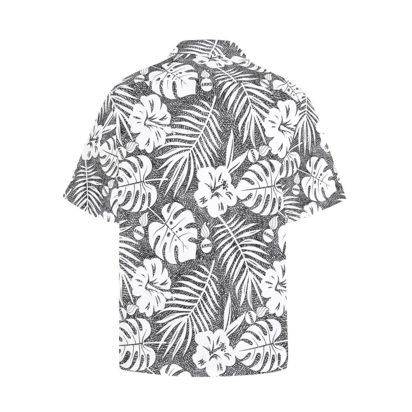 USAF AMMO Black and White Crosshatch White Flowers Leaves and AMMO Pisspot Hawaiian Shirt With Front Left Chest Pocket - AMMO Pisspot IYAAYAS Gear