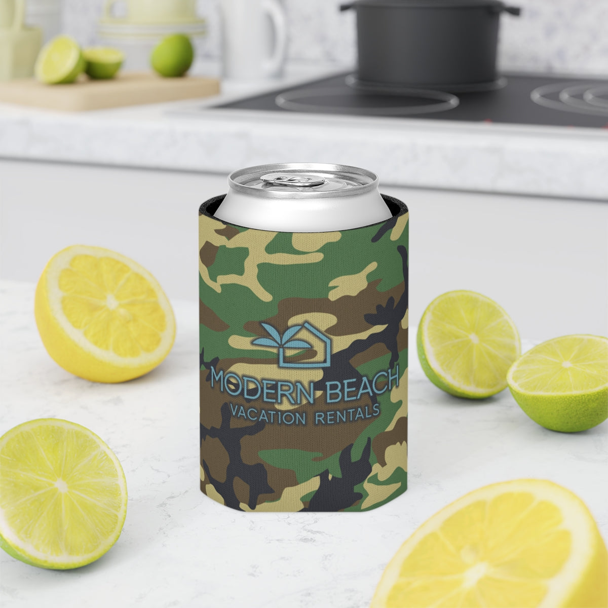 Modern Beach Vacation Rentals Basic Logo Camouflage BDU Can Coozie Cooler