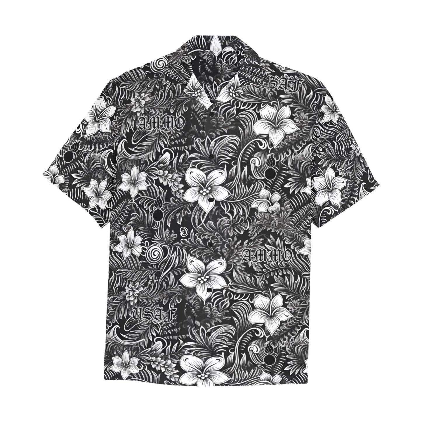 Black and White Badass Hawaiian Flowers Leaves USAF AMMO and Pisspots Mens All Over Print Hawaiian Shirt With Left Chest Pocket