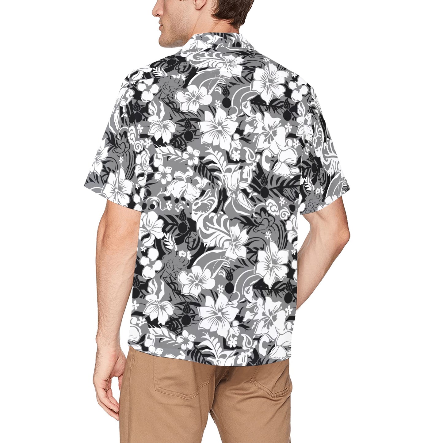 USAF AMMO Black White And Grey Flowers Leaves And Pisspots Mens Left Chest Pocket Hawaiian Shirt
