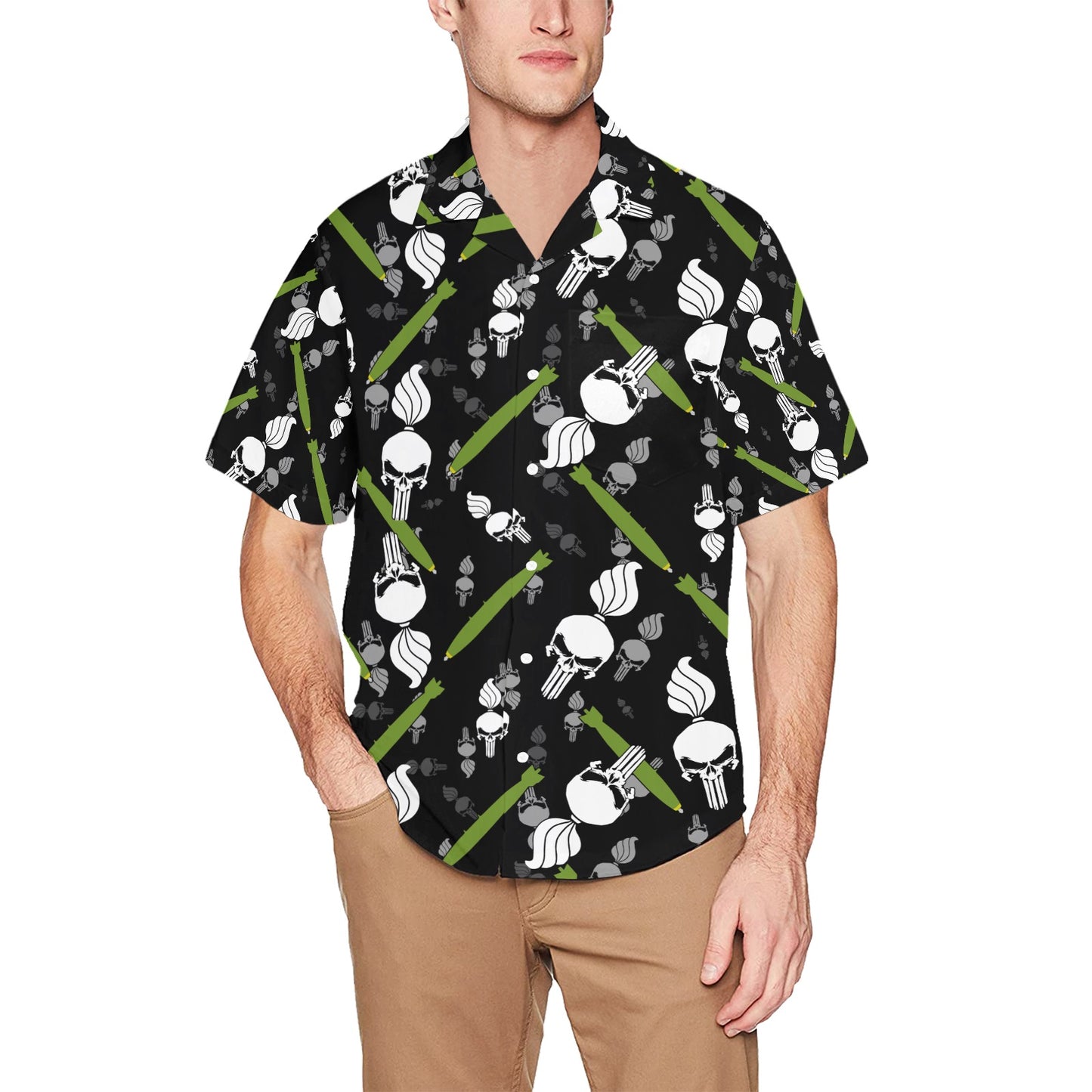 Punisher Skull Pisspots and Bombs Front Left Chest Pocket Hawaiian Shirt