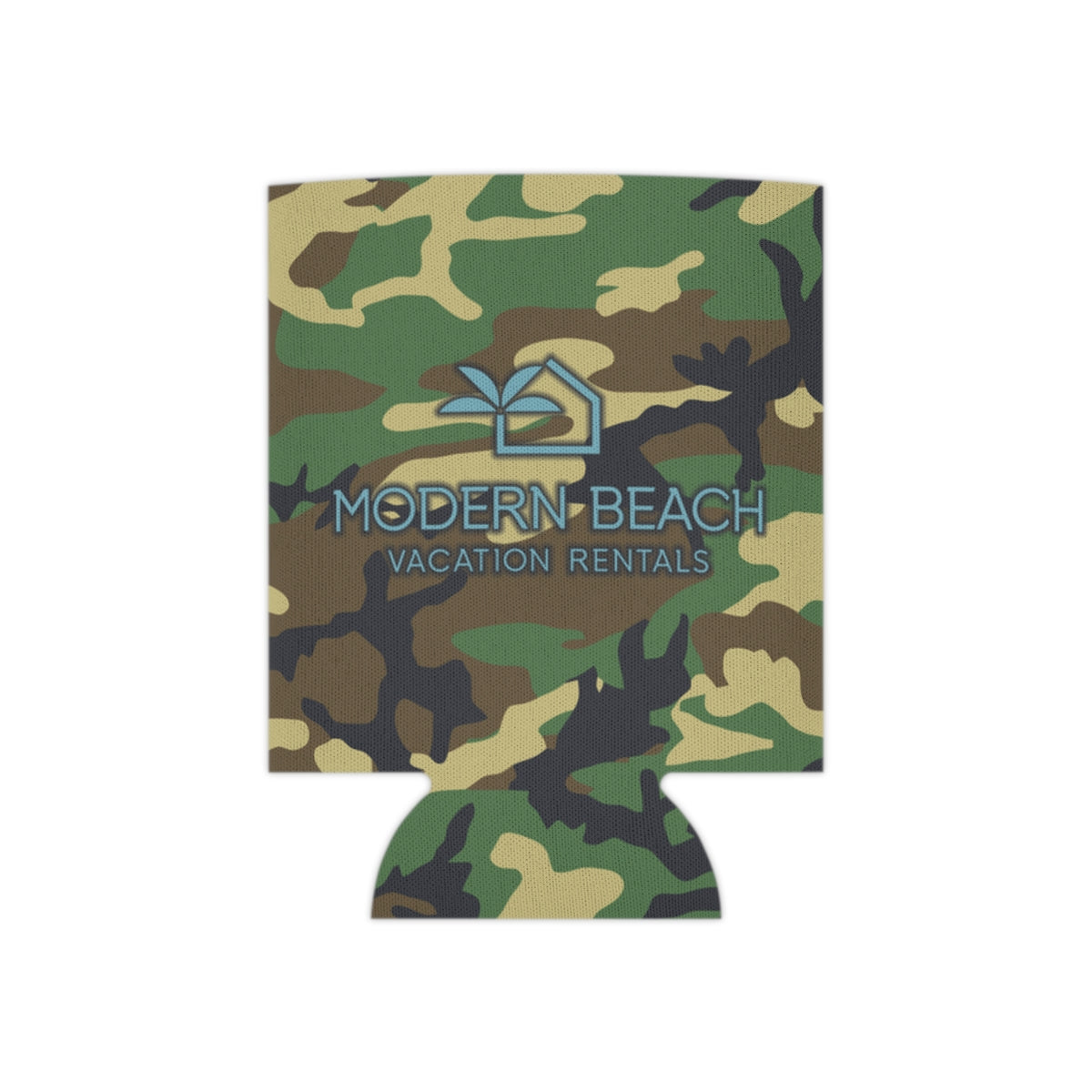 Modern Beach Vacation Rentals Basic Logo Camouflage BDU Can Coozie Cooler