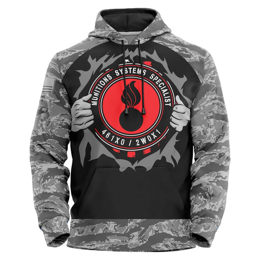 USAF AMMO Greyed Out ABU Pattern Camouflage Ripped Open Flag Chest Red Pisspot Logo Unisex All Over Print Hoodie