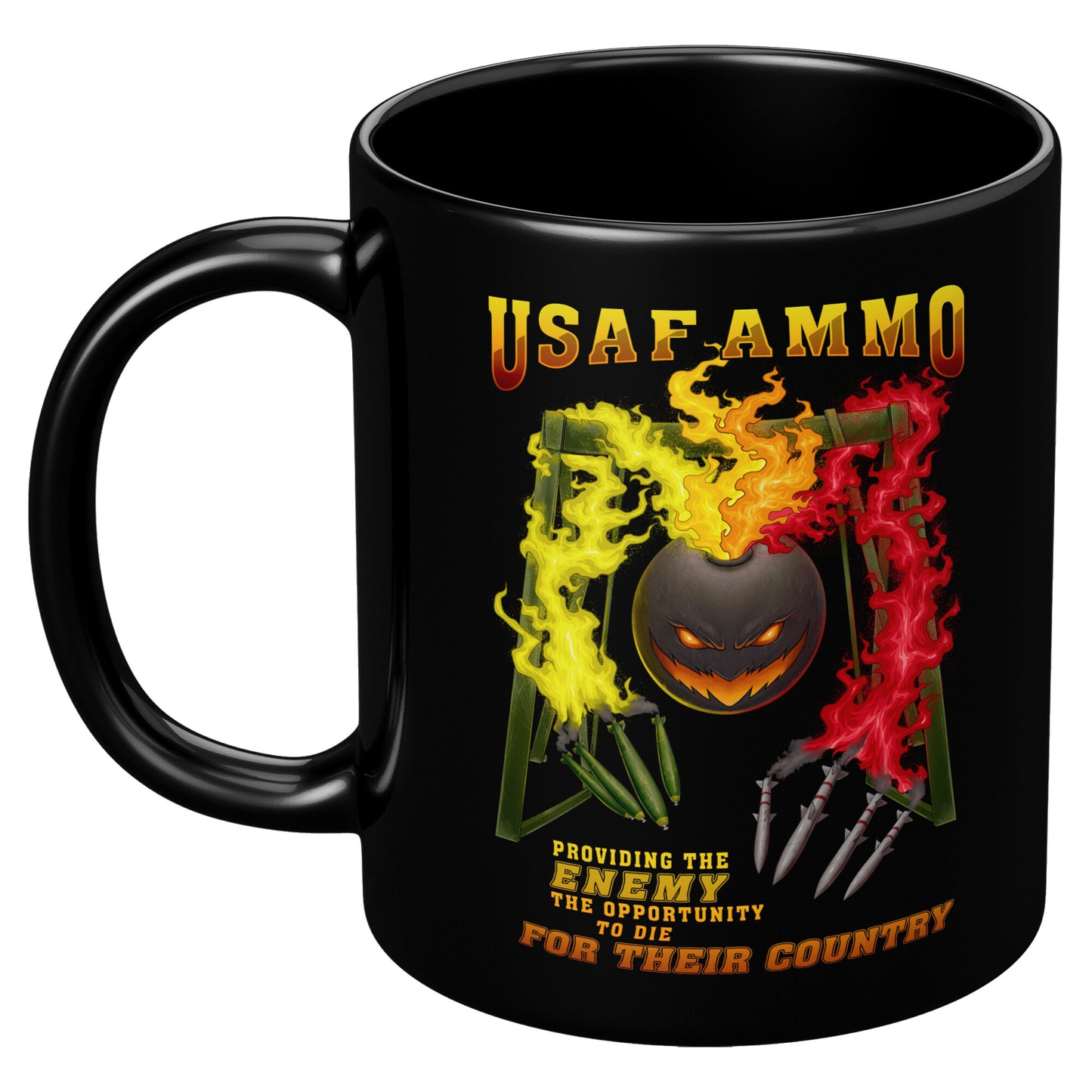 AMMO Flaming Pisspot Fire Arms Gantry Bomb and Missile Fingers black 11oz coffee mug