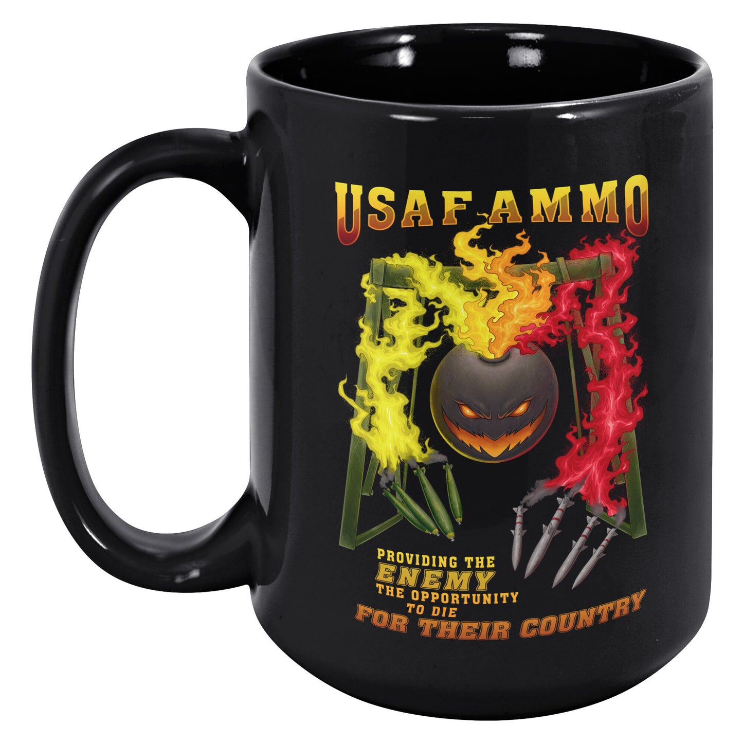 AMMO Flaming Pisspot Fire Arms Gantry Bomb and Missile Fingers black 15oz coffee mug