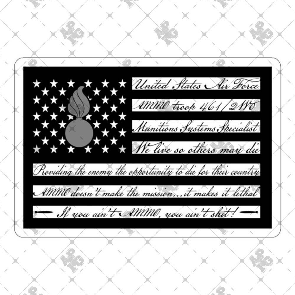 American Flag Made of USAF AMMO Mottos Sayings and Slogans Black With White Stripes and Grey Pisspot In Stars Outdoor and Indoor Vinyl Kiss Cut Stickers - AMMO Pisspot IYAAYAS Gear