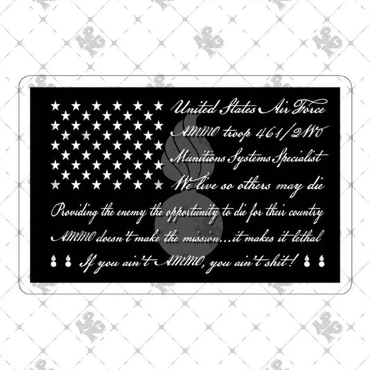 American Flag Made of USAF AMMO Mottos Sayings and Slogans Black and White With A Subtle Grey Pisspot Outdoor and Indoor Vinyl Kiss Cut Stickers - AMMO Pisspot IYAAYAS Gear