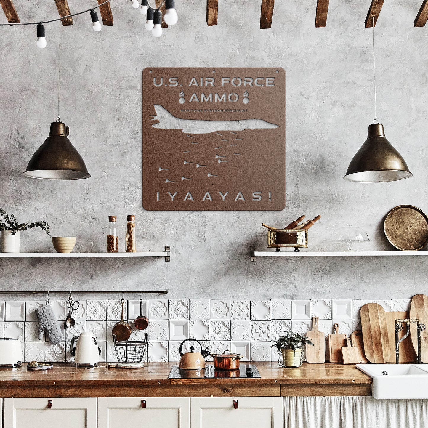 B-1 Bomber Dropping Lots of MK-82s AMMO IYAAYAS Die Cut Hanging Metal Wall Sign