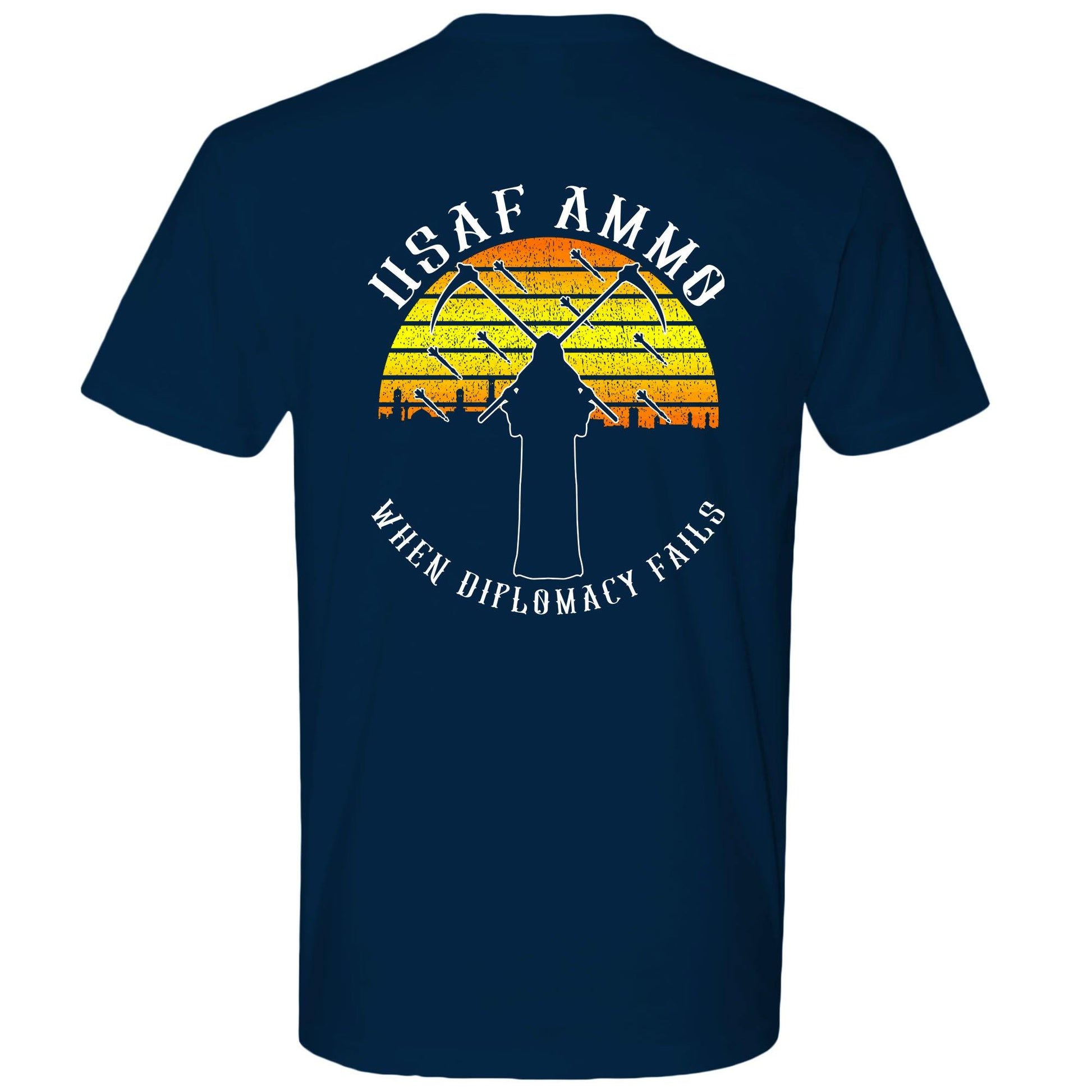 USAF AMMO Grim Reaper Two Scythes Crossed Sunset Bombs Dropping IYAAYAS Gift T-Shirt - AMMO Pisspot IYAAYAS Gear