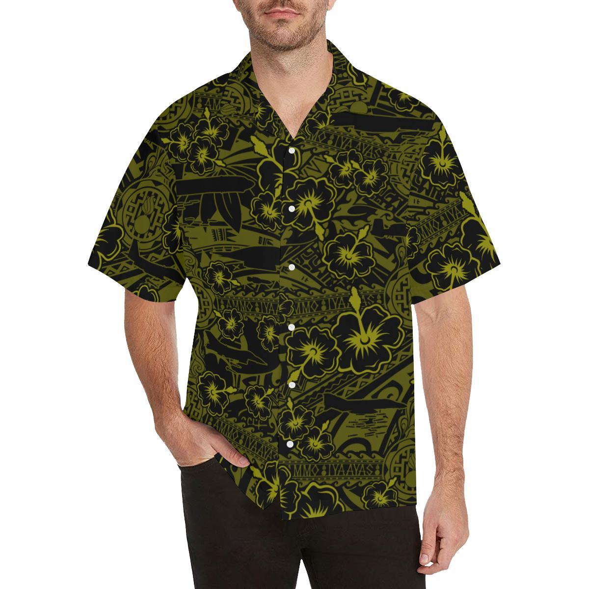 AMMO Hawaiian Shirt Black and Yellow Flowers Tribal Pattern AMMO Icons - AMMO Pisspot IYAAYAS Gear