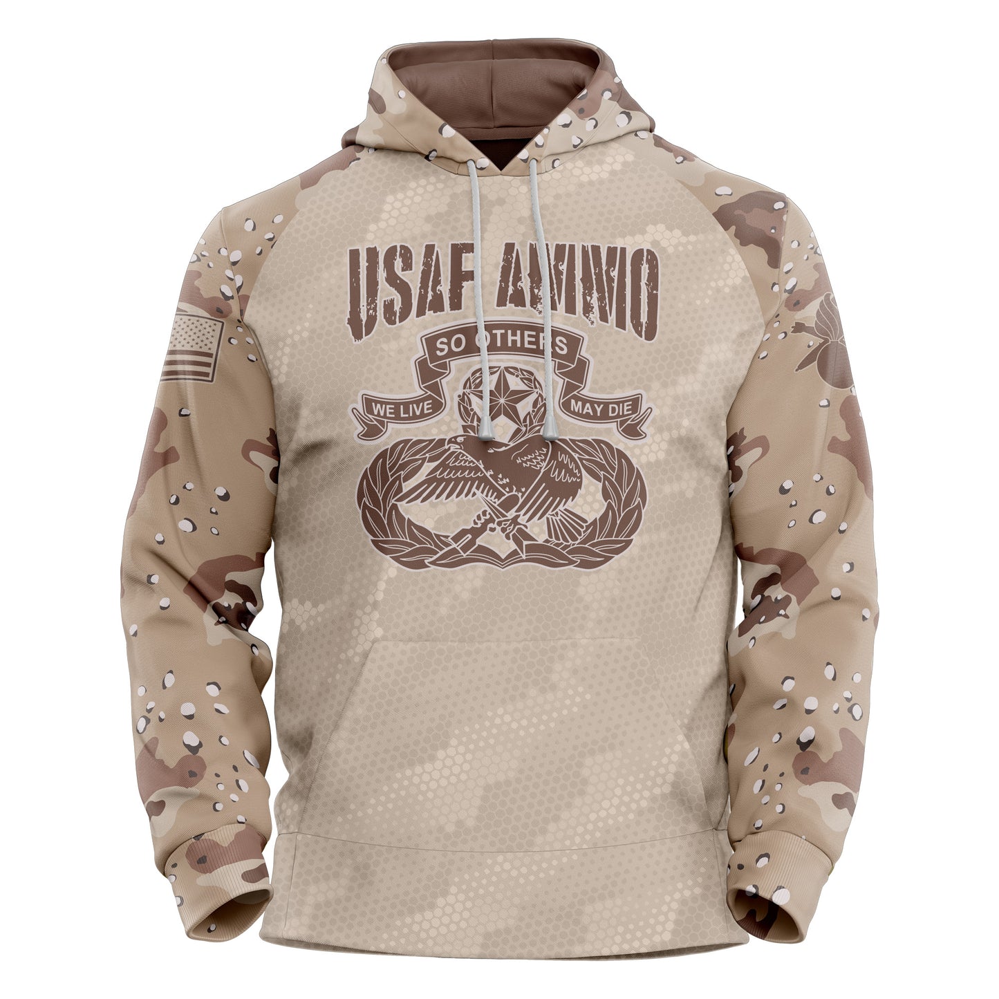 USAF AMMO Chocolate Chip Desert Camouflage Punisher Old AMMO Badge Unisex All Over Print Hoodie