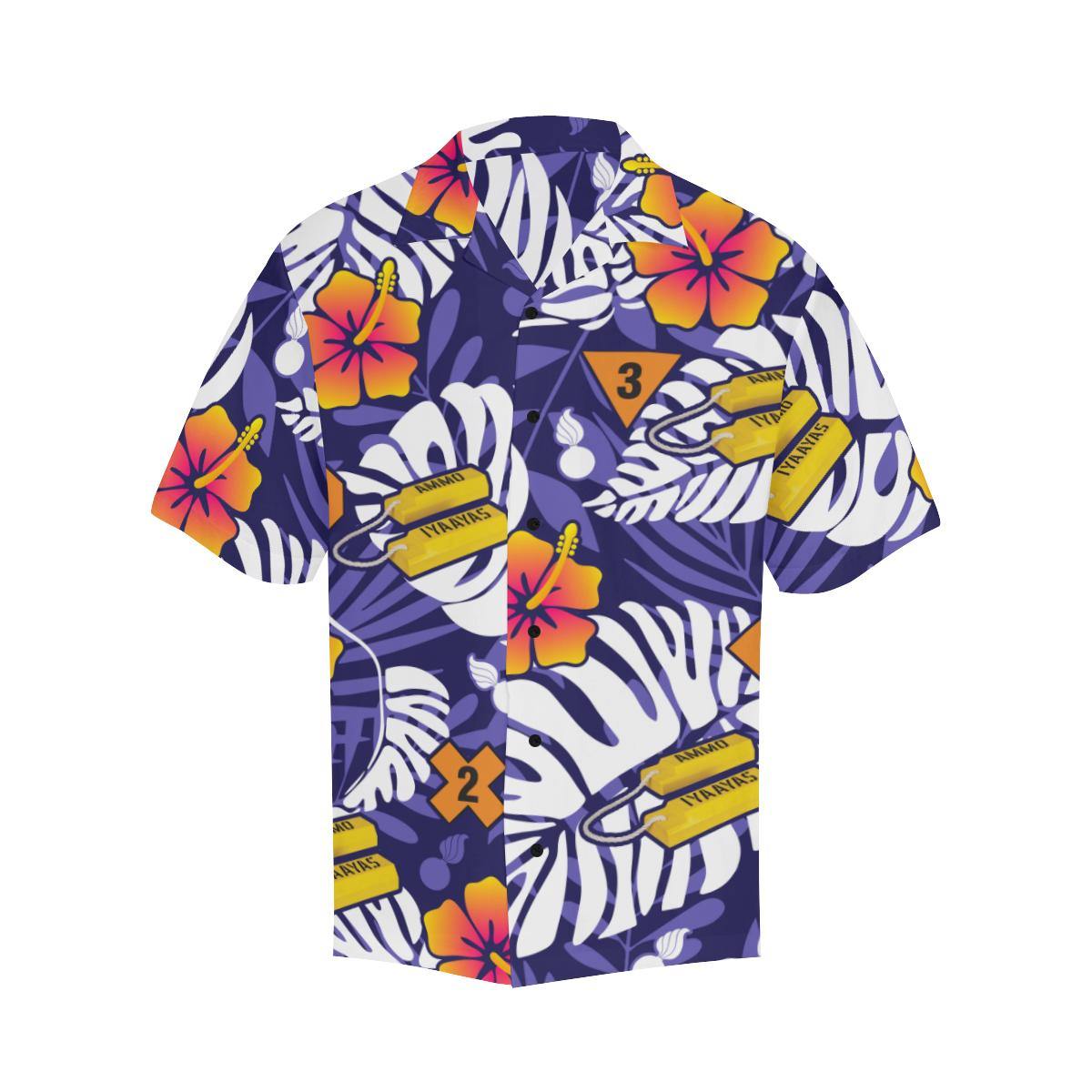 AMMO Hawaiian Shirt Blue With Flower Fire Symbols and Chocks - AMMO Pisspot IYAAYAS Gear