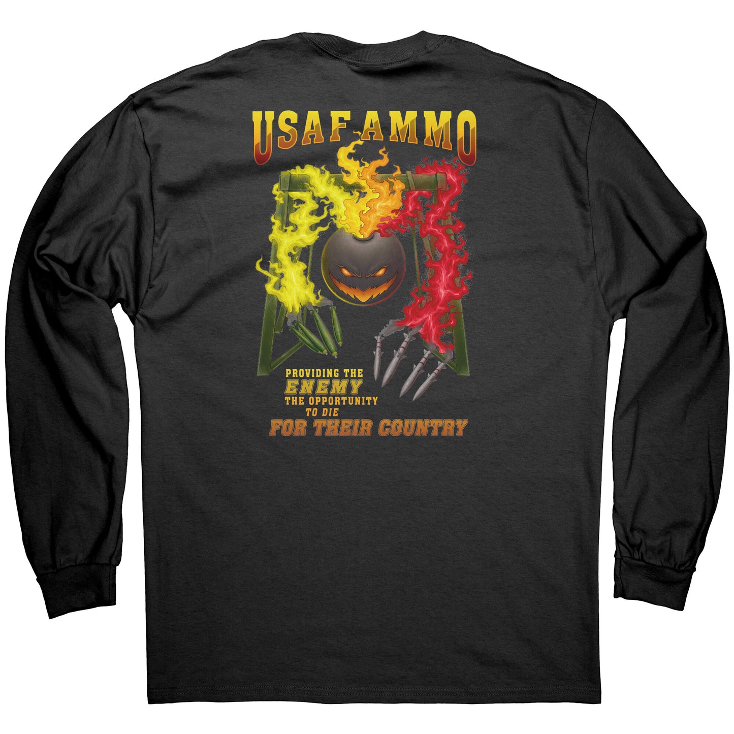 Flaming Pisspot With Arms Gantry Missile and Bomb fingers USAF AMMO IYAAYAS Mens Long Sleeve Tee