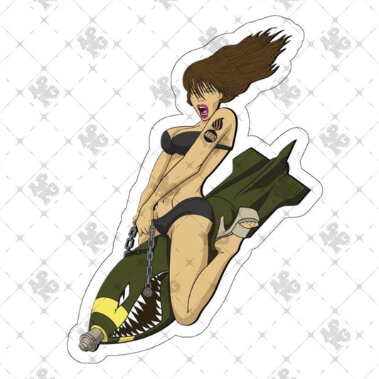 Girl With AMMO Pisspot Tattoo Riding M117 Bomb Outdoor and Indoor Vinyl Kiss Cut Stickers - AMMO Pisspot IYAAYAS Gear