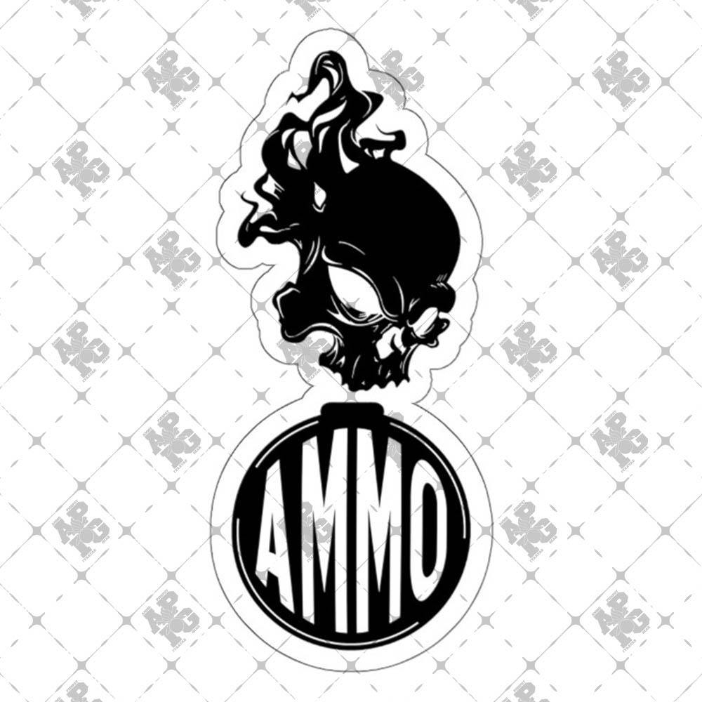 Smoky Skull Flame AMMO Pisspot Black and White Outdoor and Indoor Vinyl Kiss Cut Stickers - AMMO Pisspot IYAAYAS Gear