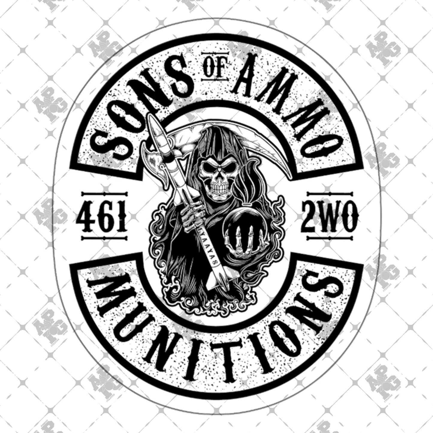 Sons Of AMMO Grim Reaper Sickle Missile Pisspot Munitions Heritage IYAAYAS Outdoor and Indoor Vinyl Die-Cut Stickers