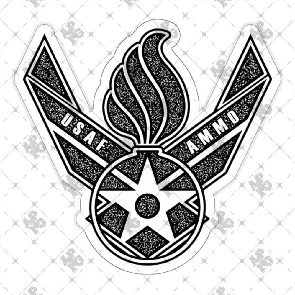 USAF AMMO AF Vector Logo Combined With Pisspot Black and White Grunge Outdoor and Indoor Vinyl Kiss Cut Stickers - AMMO Pisspot IYAAYAS Gear