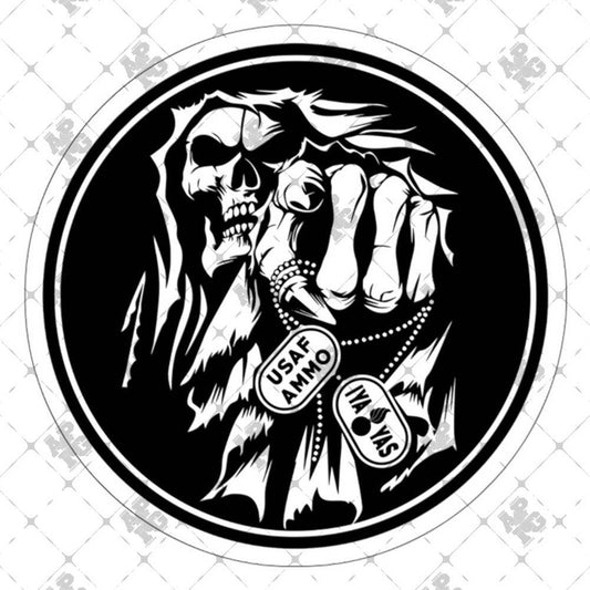 USAF AMMO Grim Reaper Pointing IYAAYAS Dog Tags Circle Shape Outdoor and Indoor Vinyl Kiss Cut Stickers - AMMO Pisspot IYAAYAS Gear