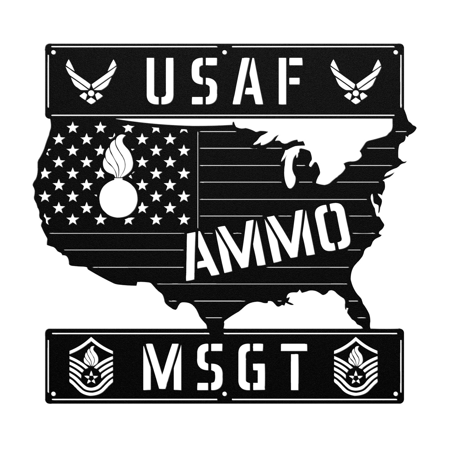 USAF AMMO USA Silhouette Pisspot MSgt Rank Die Cut Hanging Metal Wall Sign