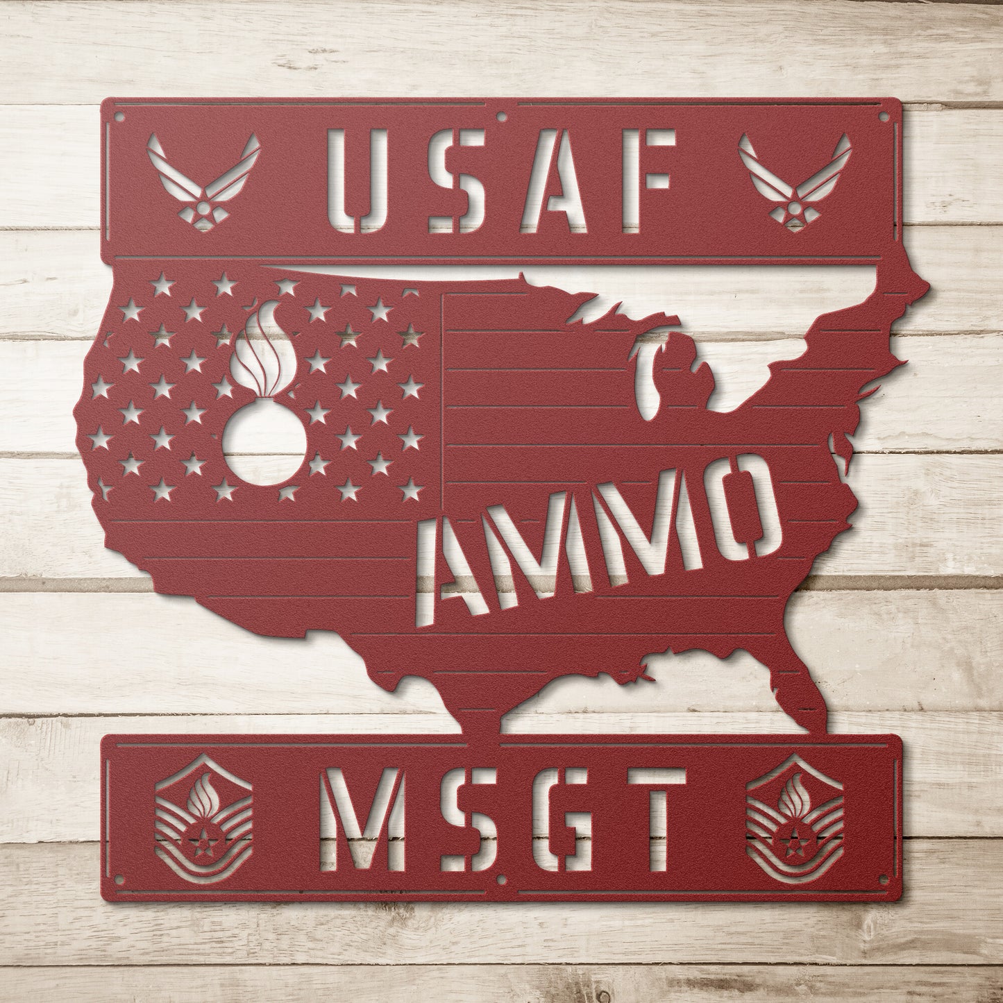 USAF AMMO USA Silhouette Pisspot MSgt Rank Die Cut Hanging Metal Wall Sign
