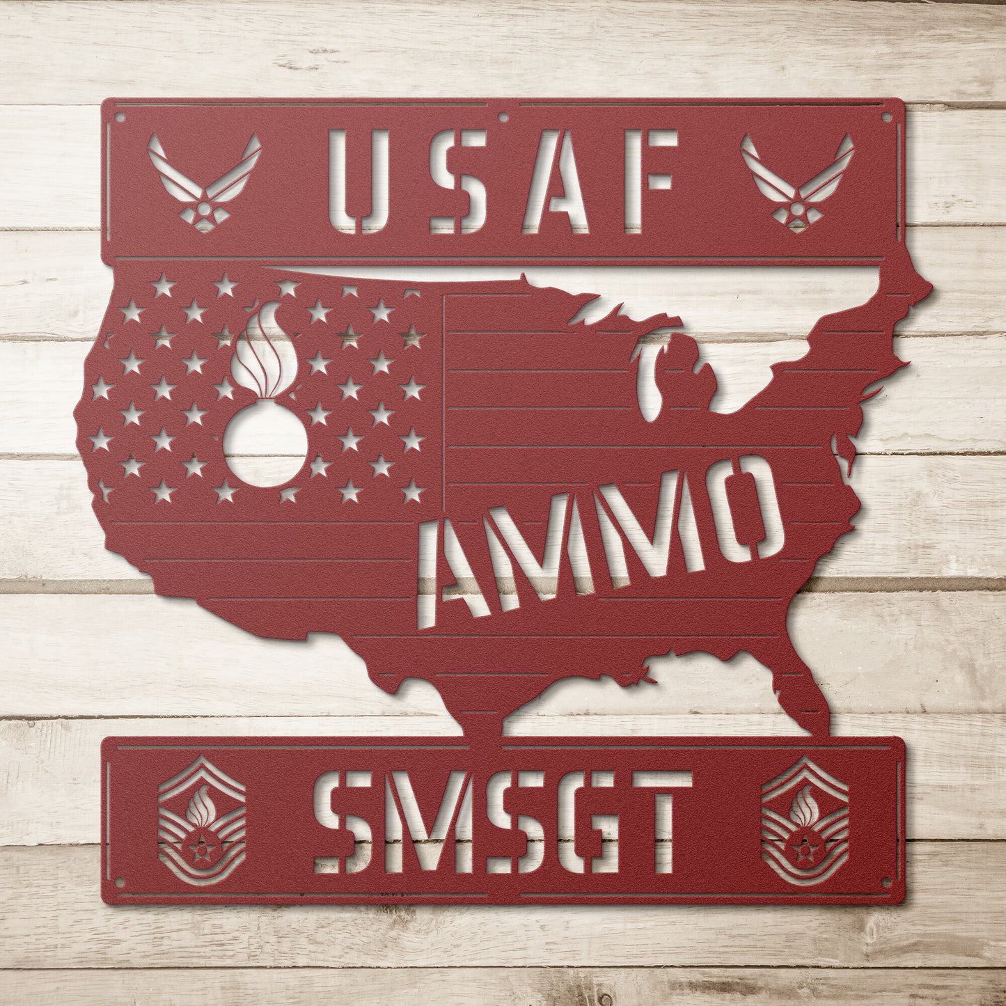 USAF AMMO USA Silhouette Pisspot SMSgt Rank Die Cut Hanging Metal Wall Sign