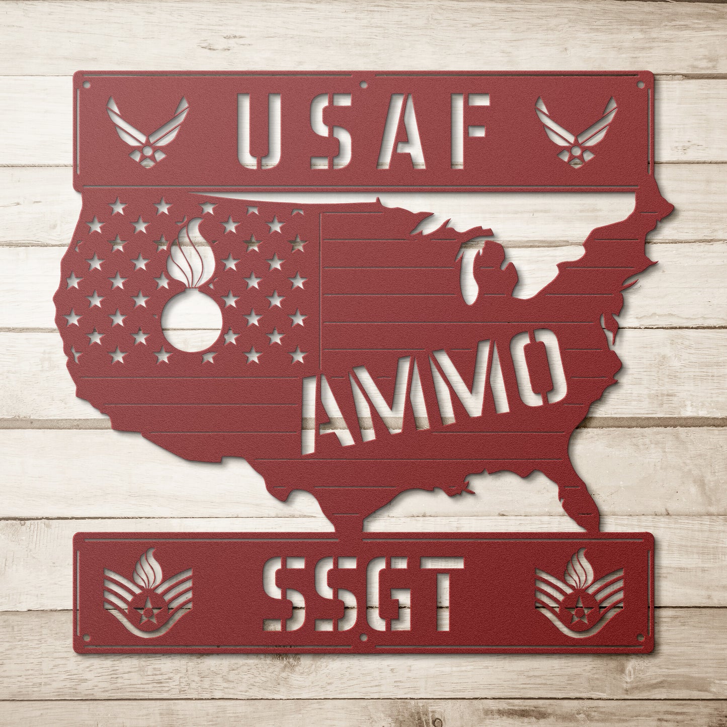 USAF AMMO USA Silhouette Pisspot SSgt Rank Die Cut Hanging Metal Wall Sign