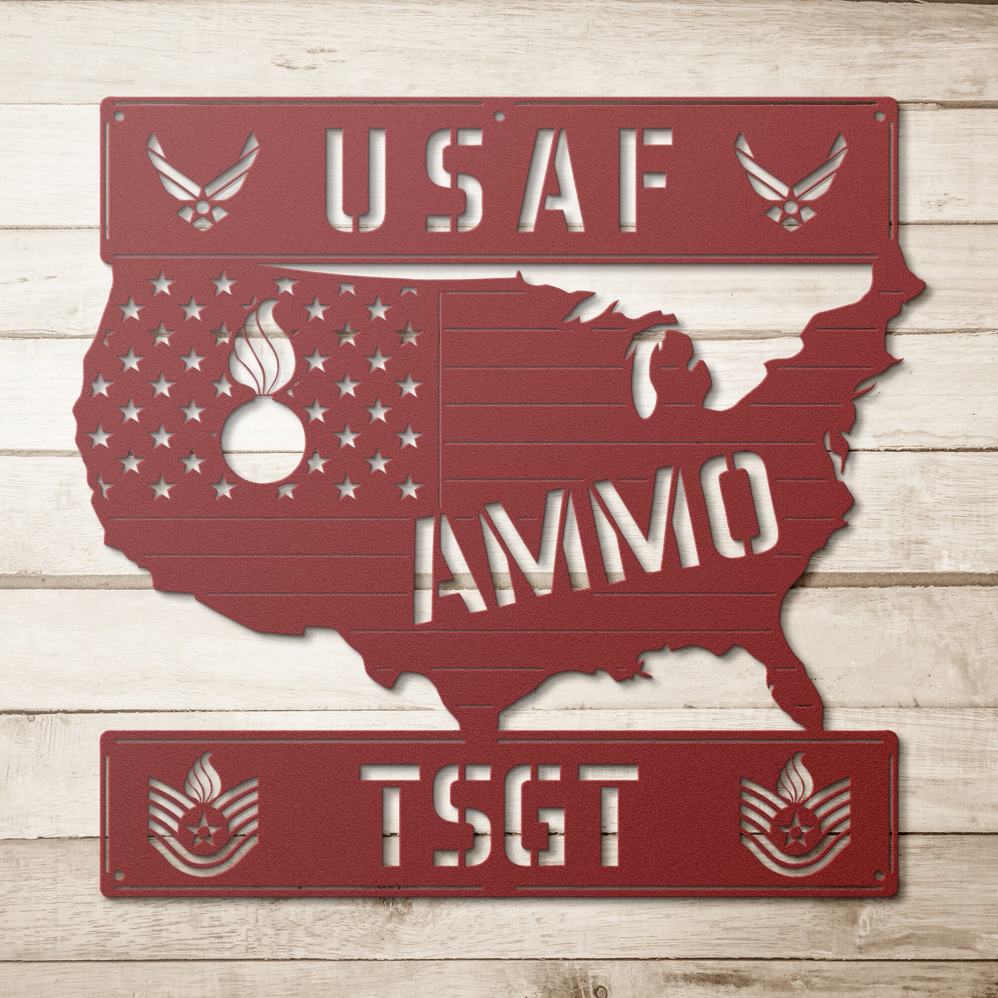 USAF AMMO USA Silhouette Pisspot TSgt Rank Die Cut Hanging Metal Wall Sign