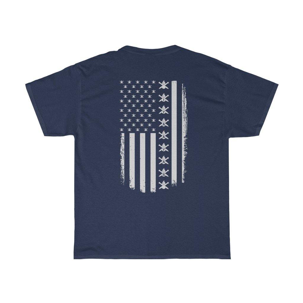 Vertical American Flag With Pisspot and Crossed Bombs As Stars and Vertically Spelling IYAAYAS Munitions Heritage Gift T-Shirt - AMMO Pisspot IYAAYAS Gear