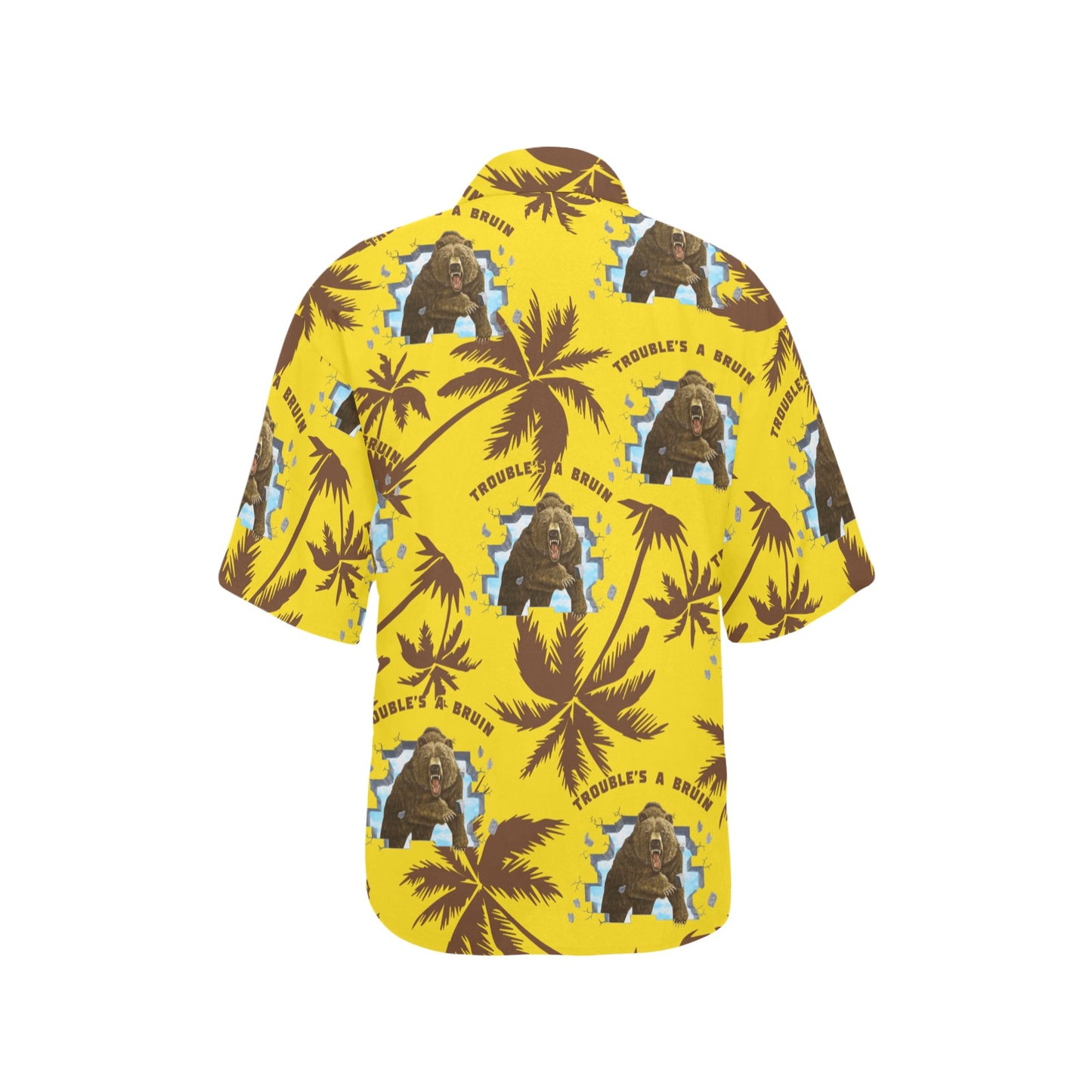 Fargo South High Troubles A Bruin Brown Bear Brick Wall Brown Palm Trees Yellow Womens Hawaiian Shirt