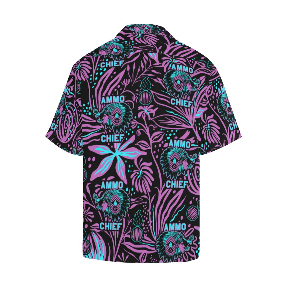 AMMO Chief Purple Teal Neon Flowers Pisspots AMMO Chief Logo Mens Hawaiian Shirt