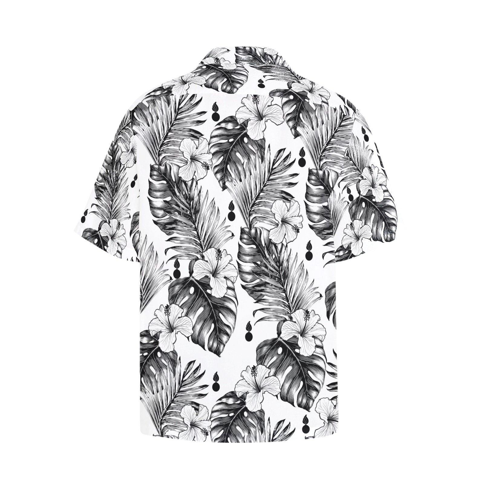 USAF AMMO White Hibiscus Flowers with Palm and Monstera Tropical Leaves and Pisspots Hawaiian Shirt With Front Left Chest Pocket - AMMO Pisspot IYAAYAS Gear