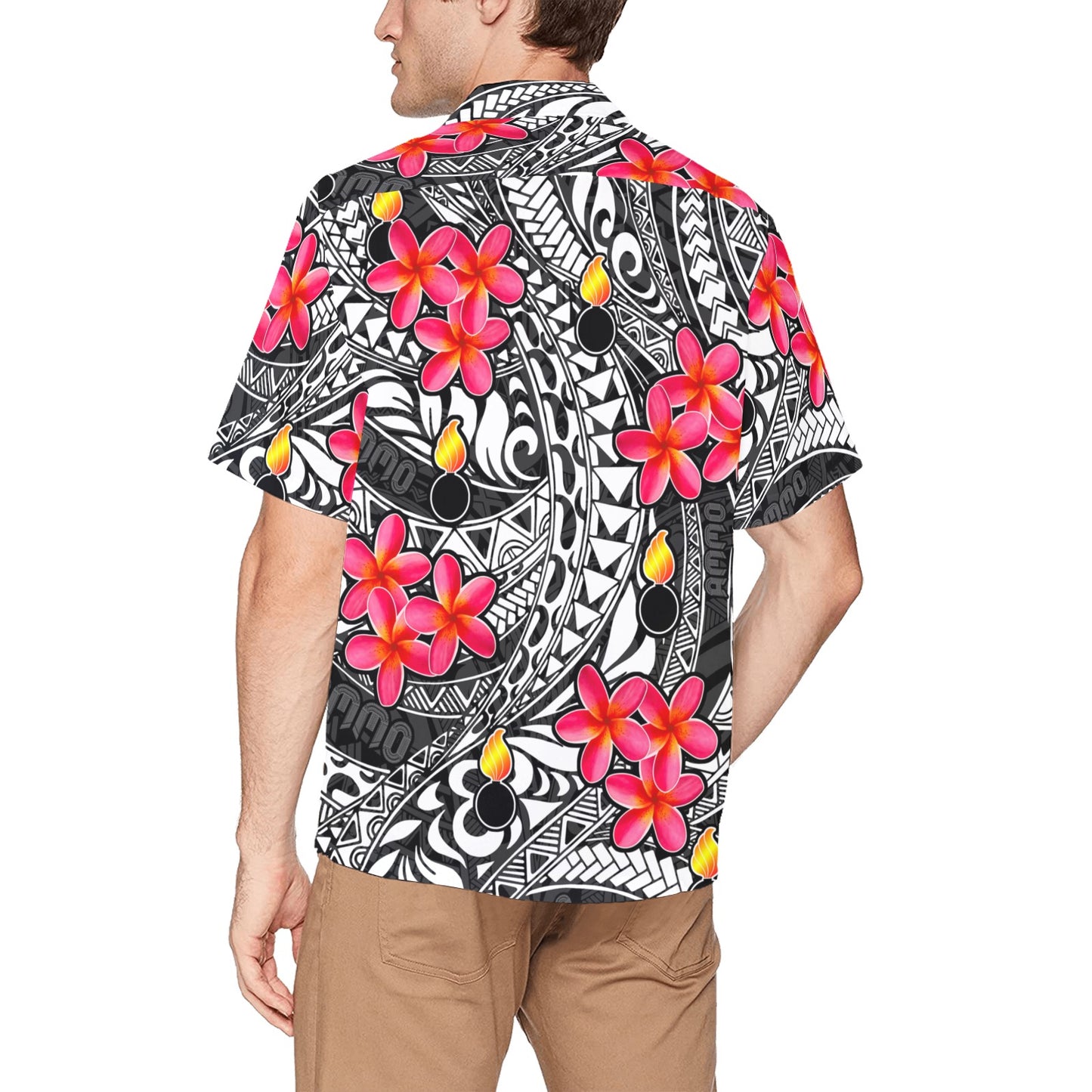 USAF AMMO Hawaiian Tribal Pattern with Plumeria Flowers Pisspots and Tribal Word AMMO All Over Hawaiian Shirt With Left Chest Pocket