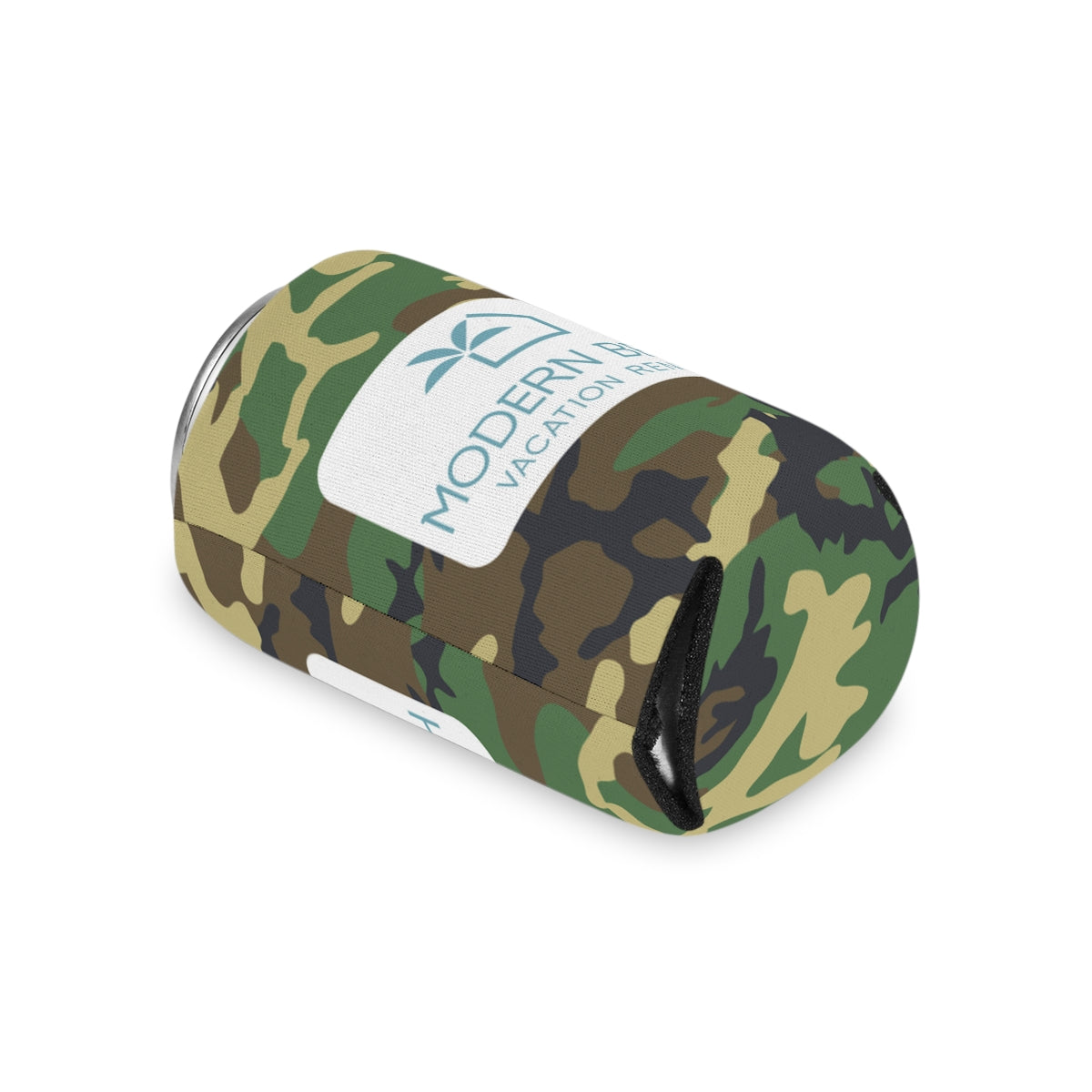 Modern Beach Vacation Rentals White Rectangle Logo Camouflage BDU Can Coozie Cooler