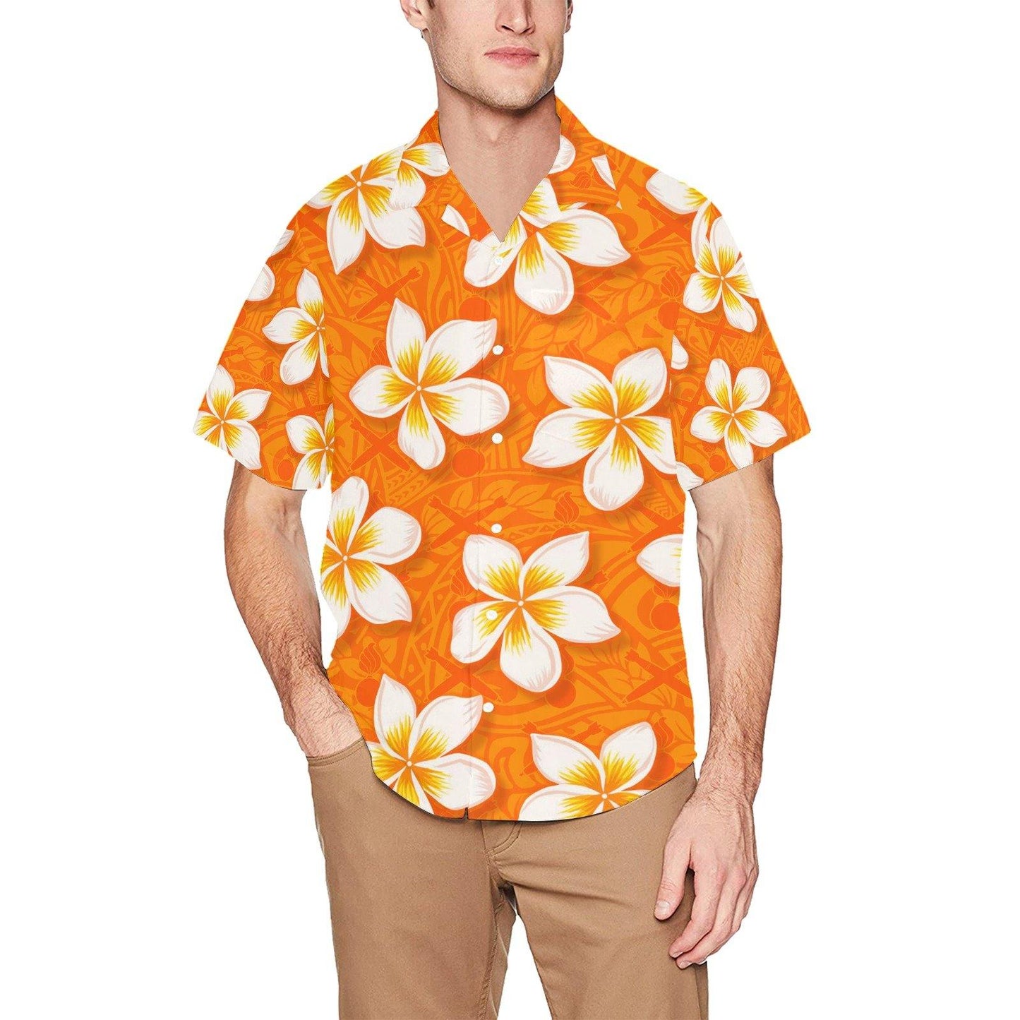 Orange Tribal Pattern With Pisspots Bombs and Plumeria Flowers AMMO Hawaiian Shirt With Front Left Chest Pocket - AMMO Pisspot IYAAYAS Gear
