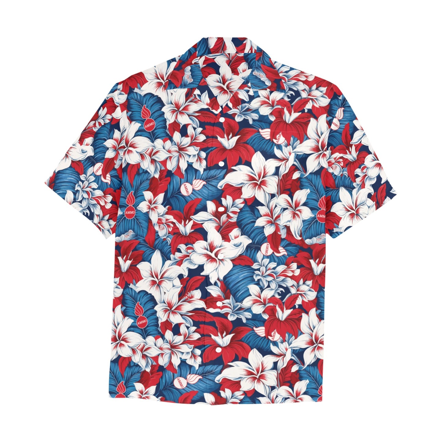 USAF AMMO Red White and Blue Patriotic Tropical Flowers Leaves and Pisspots Mens Left Chest Pocket Hawaiian Shirt