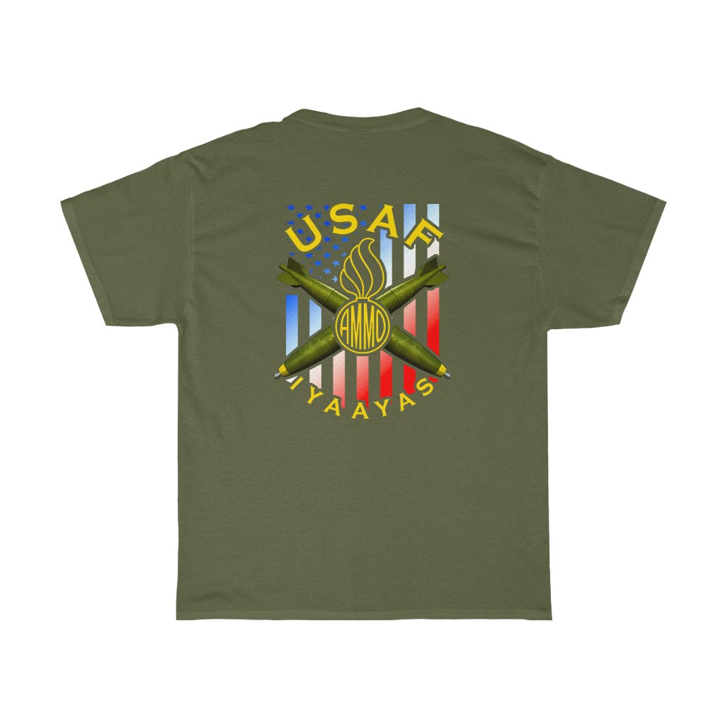 USAF AMMO IYAAYAS Pisspot Bombs Crossed American Flag Munitions Pride Heritage Gift Unisex Heavy Cotton Tee
