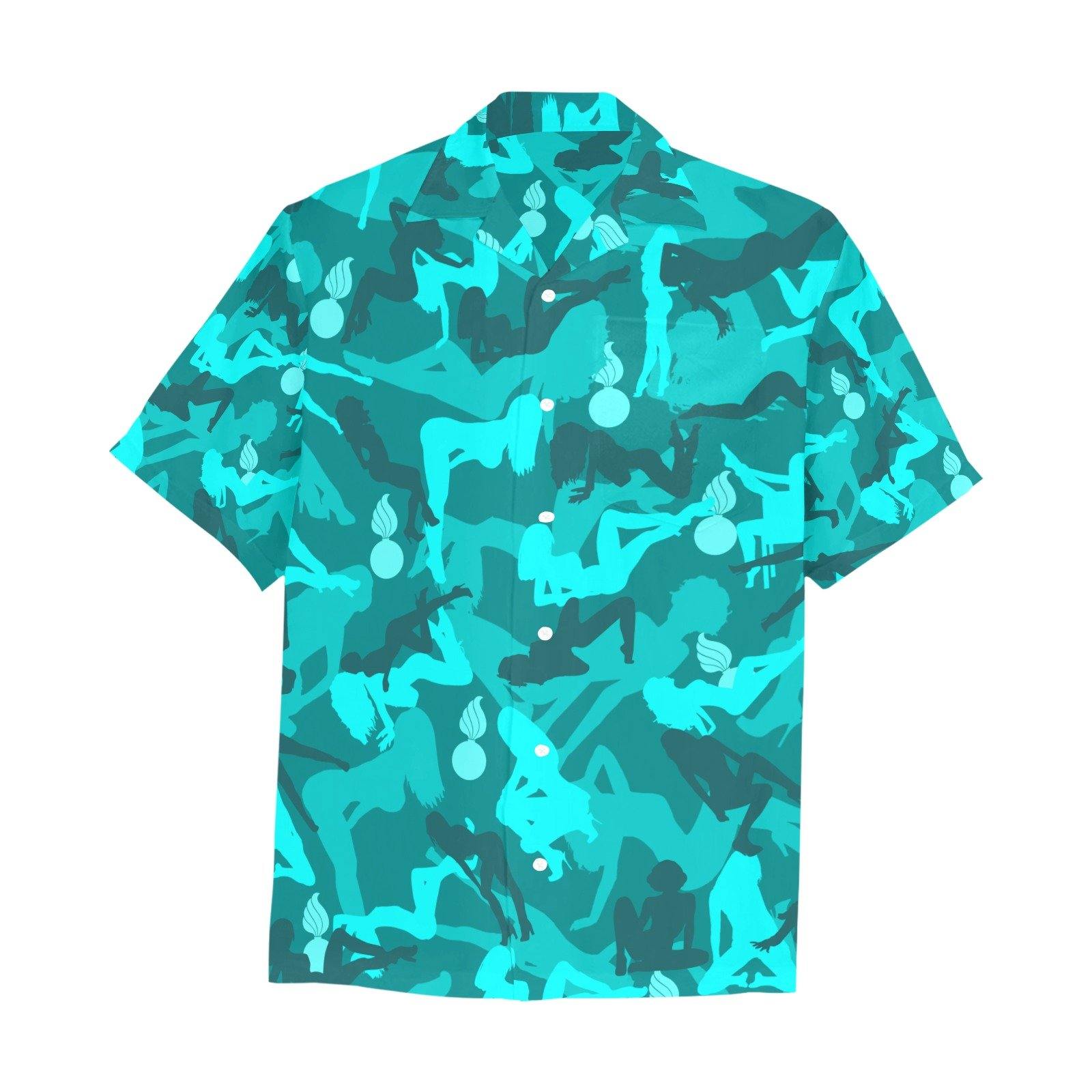 Juicy Girls and Pisspots Aqua Blue Green Pattern AMMO Hawaiian Shirt With Front Left Chest Pocket - AMMO Pisspot IYAAYAS Gear