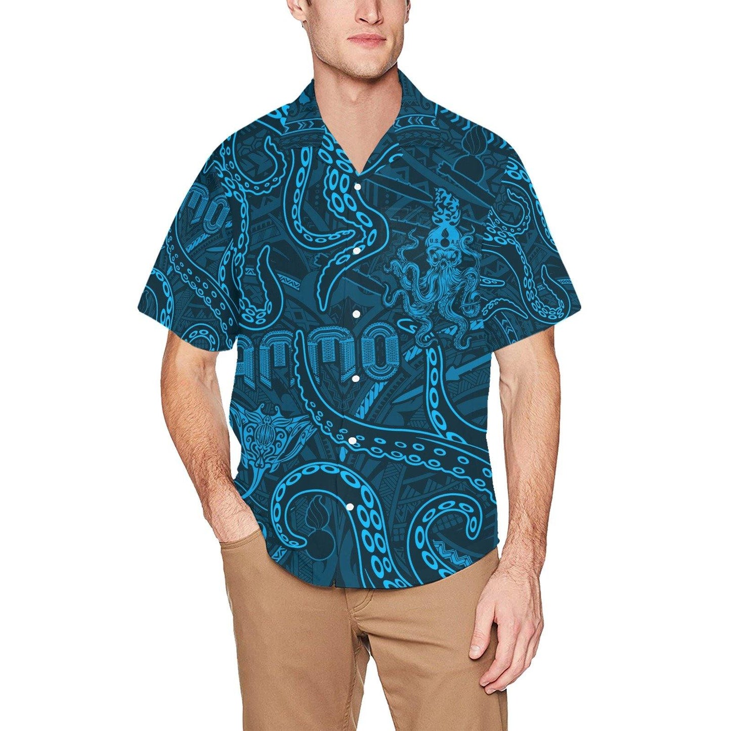 Aqua Blue Sea Life Octopus Tentacles AMMO Hawaiian Shirt With Front Left Chest Pocket - AMMO Pisspot IYAAYAS Gear