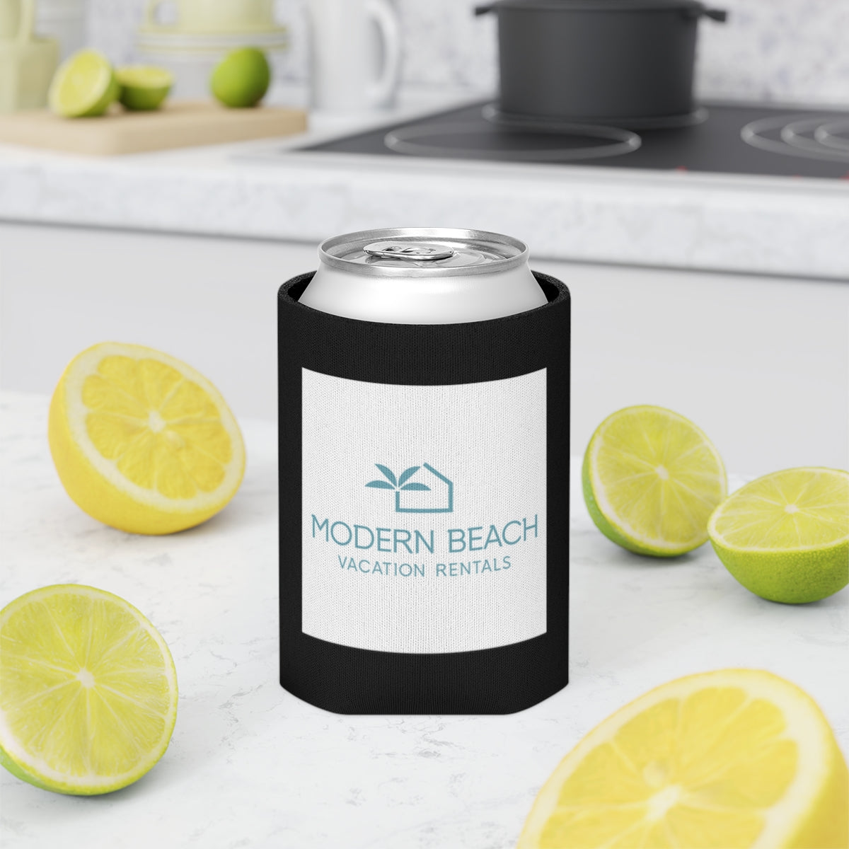 Modern Beach Vacation Rentals White Square Logo Black Can Coozie Cooler