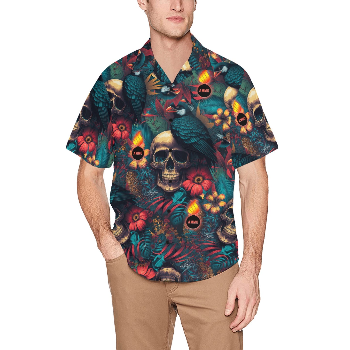 AMMO Skulls Birds Flowers and Flaming Pisspots Mens Front Left Chest Pocket Hawaiian Shirt