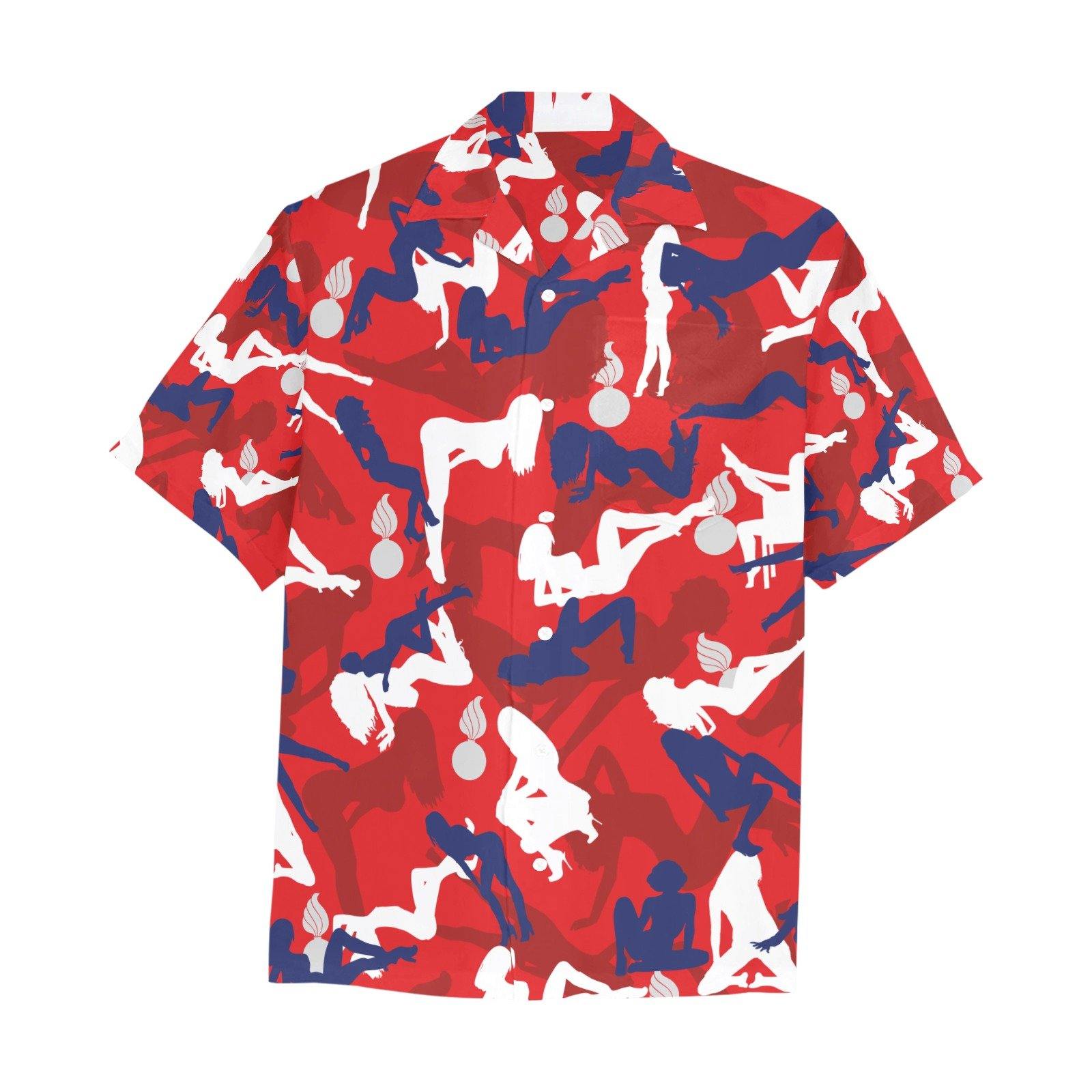 Juicy Girls and Pisspots Red White Blue Pattern AMMO Hawaiian Shirt With Front Left Chest Pocket - AMMO Pisspot IYAAYAS Gear