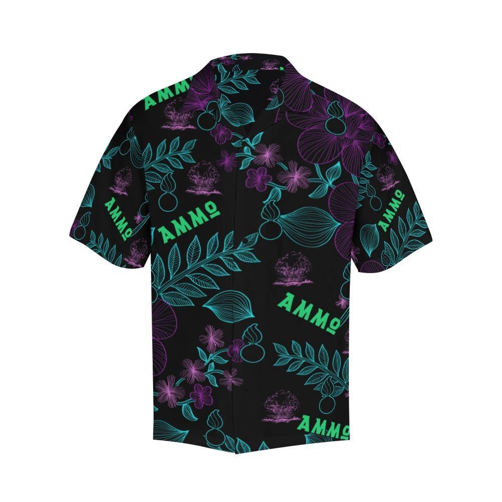 AMMO Hawaiian Shirt Black With Purple Flowers Blue Pisspots and Leaves Green AMMO - AMMO Pisspot IYAAYAS Gear