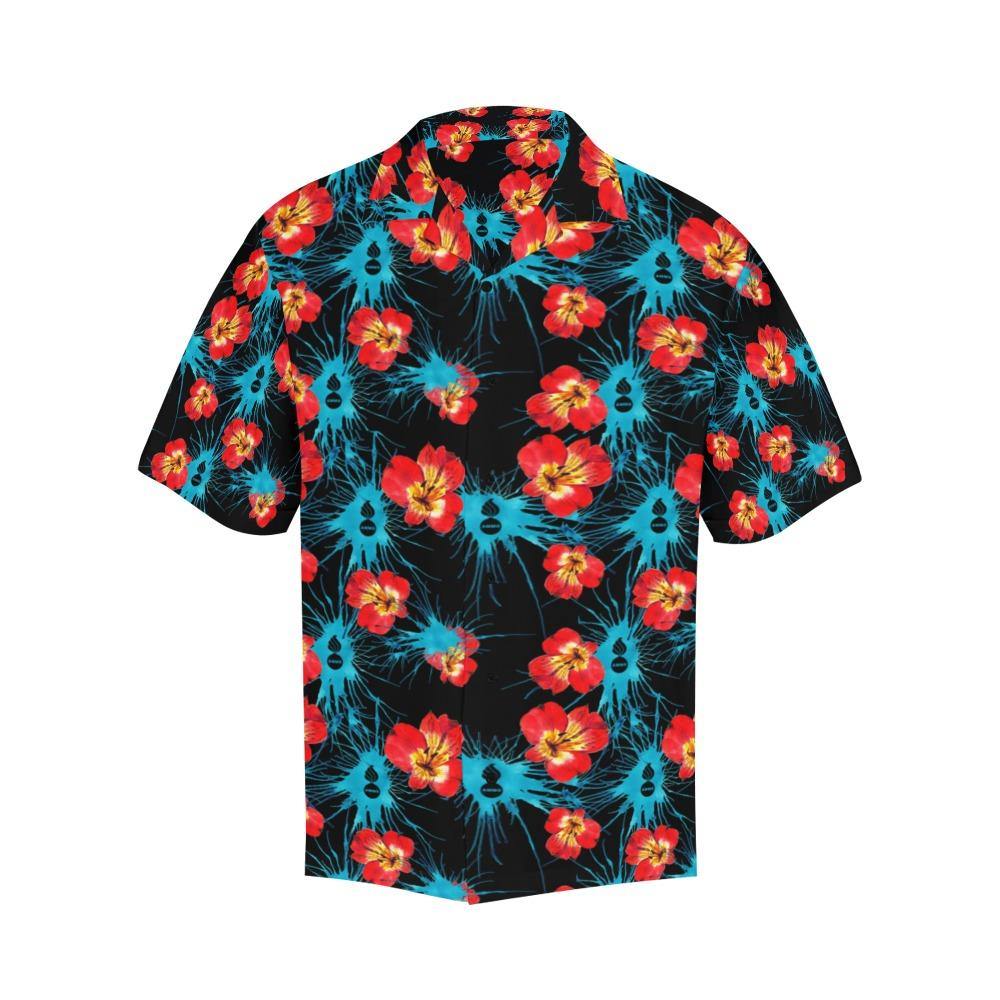 AMMO Hawaiian Shirt Red and Yellow Flowers Blue Splatters and Pisspots - AMMO Pisspot IYAAYAS Gear